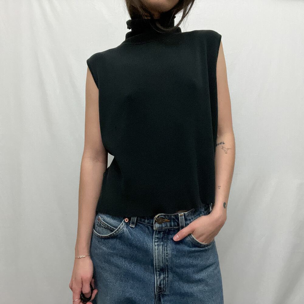 vintage faded black ribbed silk cotton knit turtleneck minimalist top blouse